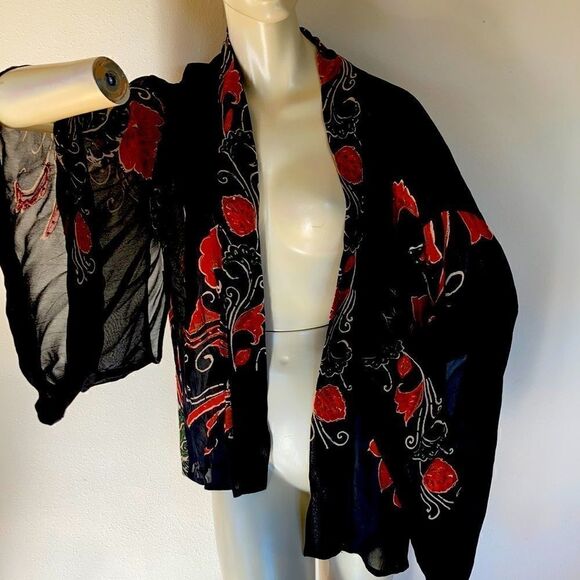 Chico’s kimono sleeve embroidered sequin jacket burnout black floral S M - Picture 2 of 16